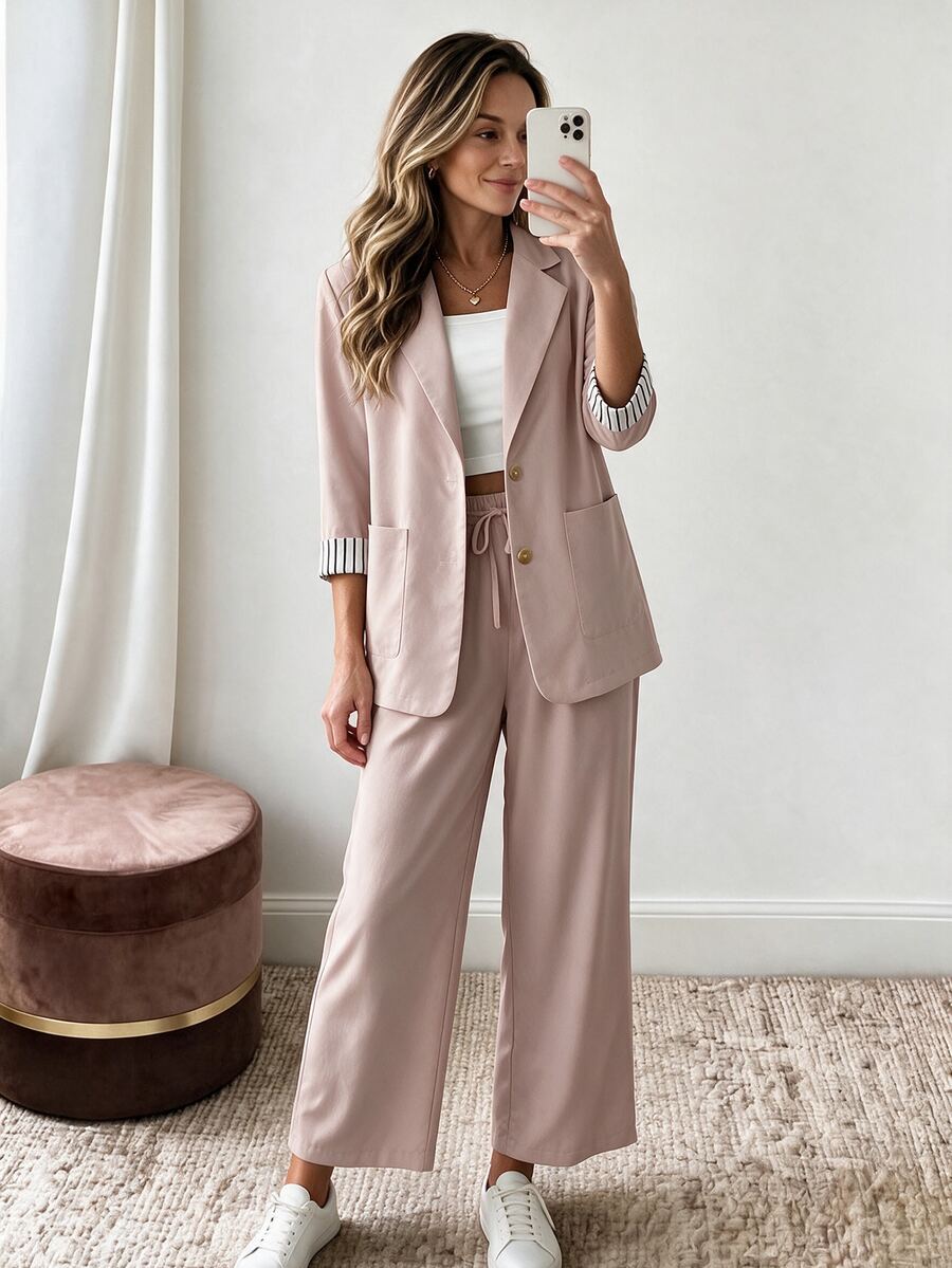 Louniche Women's Commuter Striped Single-Breasted Blazer And Trouser Set - Pink - View 1