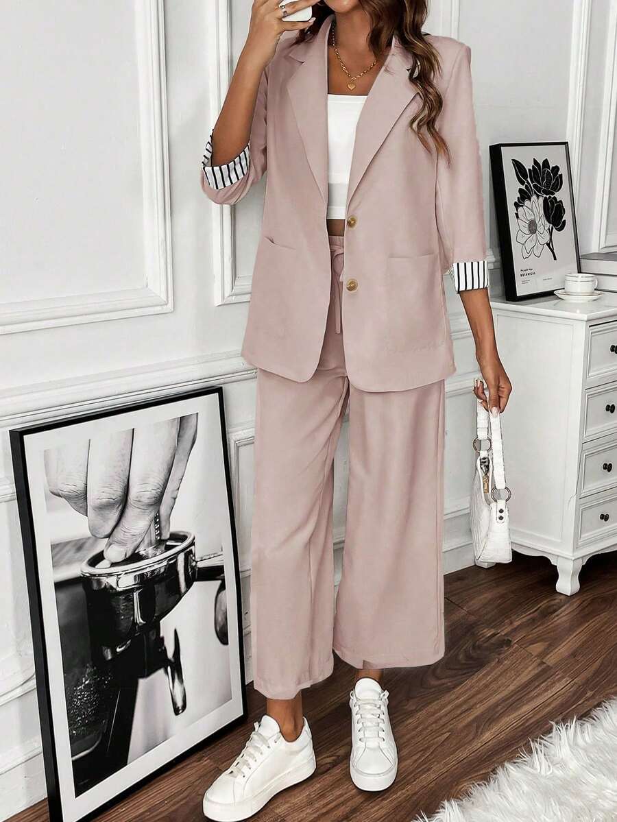 Louniche Women's Commuter Striped Single-Breasted Blazer And Trouser Set - Pink - View 1
