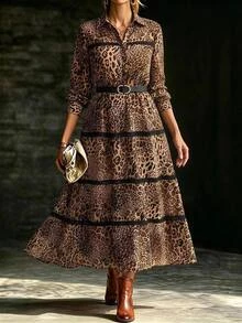 Chikora Plus Size Women's Elegant Leopard Print Long Sleeve Dress With Black Ribbon Patchwork, Autumn/Winter Fall - Multicolor - View 2