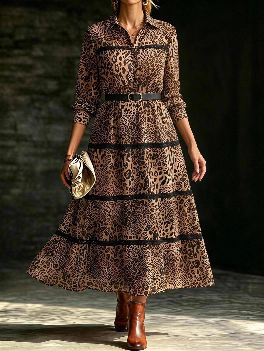 Chikora Plus Size Women's Elegant Leopard Print Long Sleeve Dress With Black Ribbon Patchwork, Autumn/Winter Fall