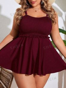 SHEIN Swim Curve 大尺碼女款純色細肩帶分體式比基尼泳衣套裝 2 件組，休閒度假風 - 酒紅色 - 查看 4