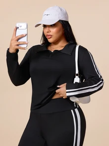 SHEIN Rhythm Era Women's Plus Size Colorblock Striped Sweatshirt & Sweatpants Sports Set Fall - Black - View 3