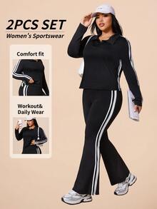 SHEIN Rhythm Era Women's Plus Size Colorblock Striped Sweatshirt & Sweatpants Sports Set Fall - Black - View 1