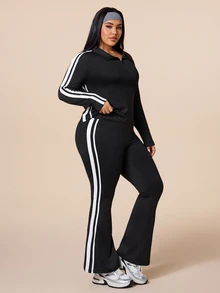 SHEIN Rhythm Era Women's Plus Size Colorblock Striped Sweatshirt & Sweatpants Sports Set Fall - Black - View 4