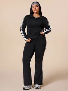 SHEIN Rhythm Era Women's Plus Size Colorblock Striped Sweatshirt & Sweatpants Sports Set Fall - Black - View 6