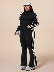 SHEIN Rhythm Era Women's Plus Size Colorblock Striped Sweatshirt & Sweatpants Sports Set Fall - Black - View 7