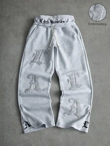 PAVTROS Men's LA Embroidered Light Grey Baggy Sweatpants,Autumn Streetwear For Graduation,Back-To-School Elastic Letter Print Pants Gift For Boyfriend - Light Grey - View 2
