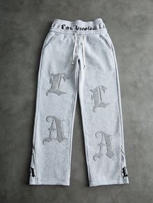 PAVTROS Men's LA Embroidered Light Grey Baggy Sweatpants,Autumn Streetwear For Graduation,Back-To-School Elastic Letter Print Pants Gift For Boyfriend - Light Grey - View 7
