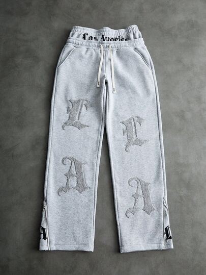 PAVTROS Men's LA Embroidered Light Grey Baggy Sweatpants,Autumn Streetwear For Graduation,Back-To-School Elastic Letter Print Pants Gift For Boyfriend