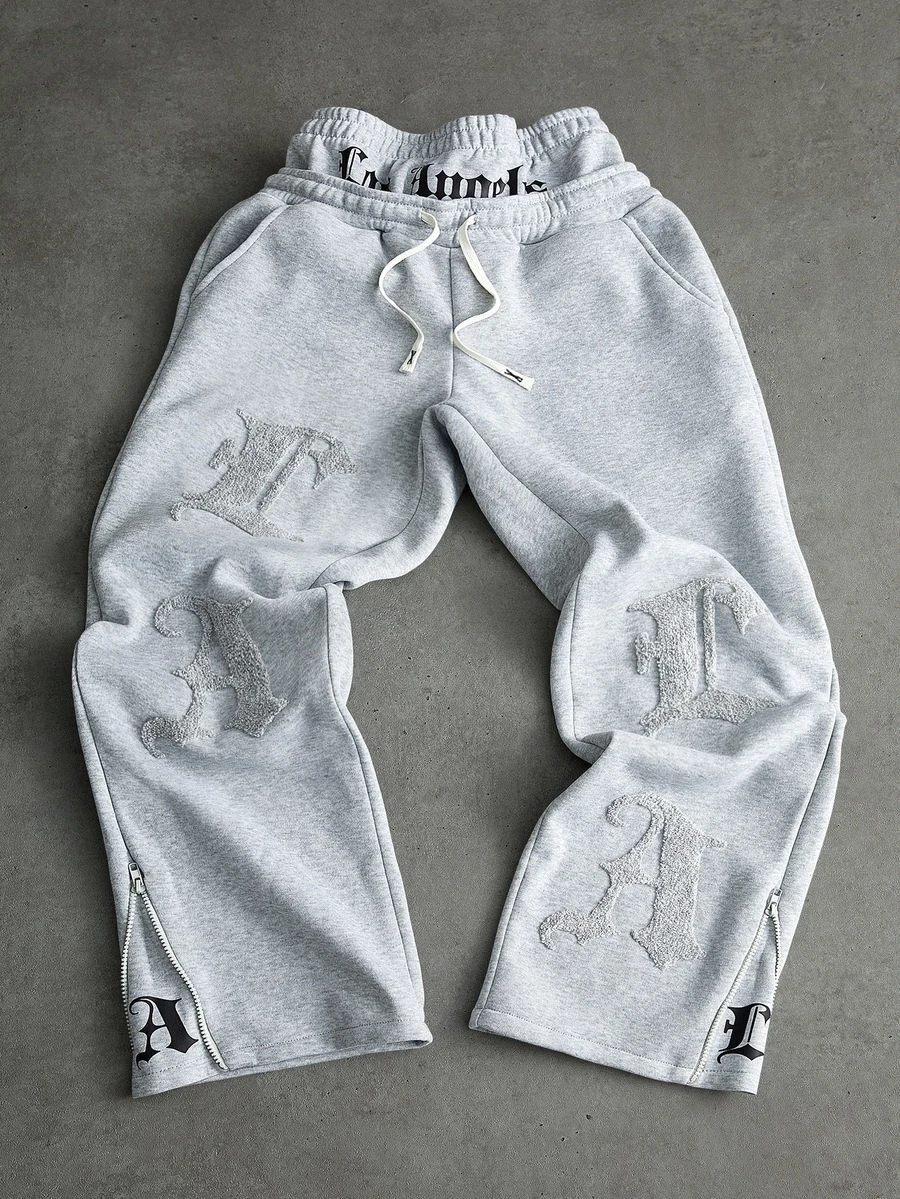 PAVTROS Men's LA Embroidered Light Grey Baggy Sweatpants,Autumn Streetwear For Graduation,Back-To-School Elastic Letter Print Pants Gift For Boyfriend - Light Grey - View 1