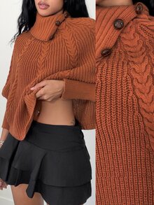 Breezaya Women's Autumn/Winter Fashion Cable Knit Batwing Sleeve Cape Sweater - Brown - View 8
