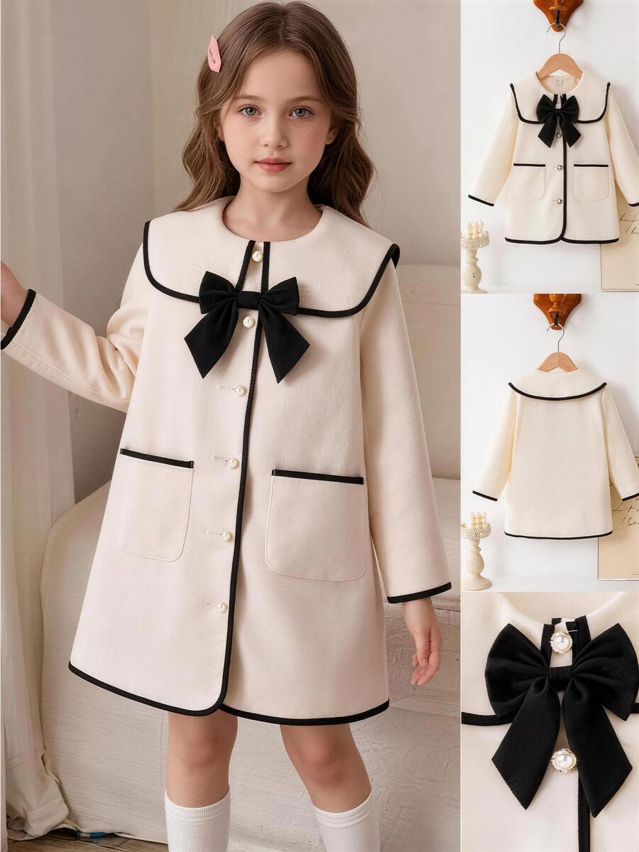 SHEIN Elladie kids 青少年女孩長袖抓絨外套 秋季保暖奶油白燕麥色毛茸茸羊毛開襟夾克 - 白色 - 查看 1