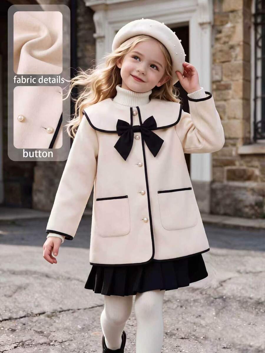 SHEIN Elladie kids Tween Girls Coat Long Sleeve Fleece Fall Clothes Creamy White Warm Oatmeal Color Fuzzy Wool Cardigan Jacket - White - View 1
