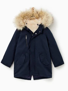 SHEIN 兒童青少年男孩休閒保暖內裡加厚寬鬆條紋連帽夾克，冬季外套，男孩服飾，基礎上衣，適合秋冬/冬季，校園穿著 - 藏蓝色 - 查看 4