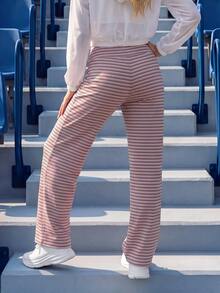 CourtClass Casual Sports Striped Drawstring Waist Straight Leg Pants Training Fuchsia Pink Summer - Pink - View 2