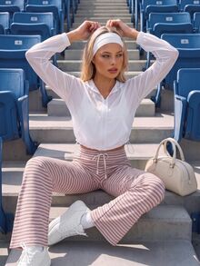 CourtClass Casual Sports Striped Drawstring Waist Straight Leg Pants Training Fuchsia Pink Summer - Pink - View 5