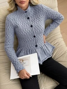 Omancia Women's Vintage Cable Knit Cardigan With Ruffle Hem - Grey - View 6