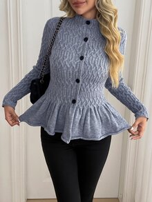 Omancia Women's Vintage Cable Knit Cardigan With Ruffle Hem - Grey - View 4