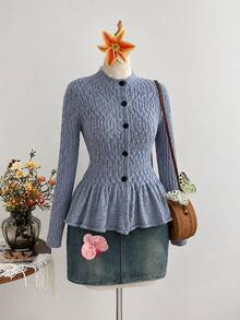Omancia Women's Vintage Cable Knit Cardigan With Ruffle Hem - Grey - View 8