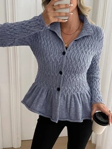 Omancia Women's Vintage Cable Knit Cardigan With Ruffle Hem - Grey - View 3
