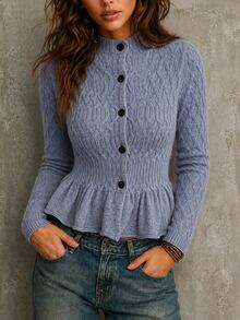 Omancia Women's Vintage Cable Knit Cardigan With Ruffle Hem - Grey - View 1
