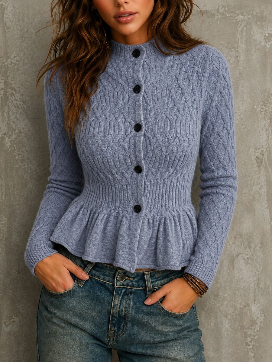 Omancia Women's Vintage Cable Knit Cardigan With Ruffle Hem - Grey - View 1