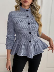 Omancia Women's Vintage Cable Knit Cardigan With Ruffle Hem - Grey - View 5