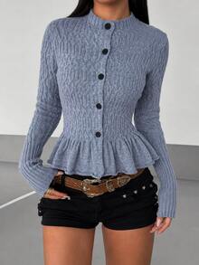 Omancia Women's Vintage Cable Knit Cardigan With Ruffle Hem - Grey - View 7