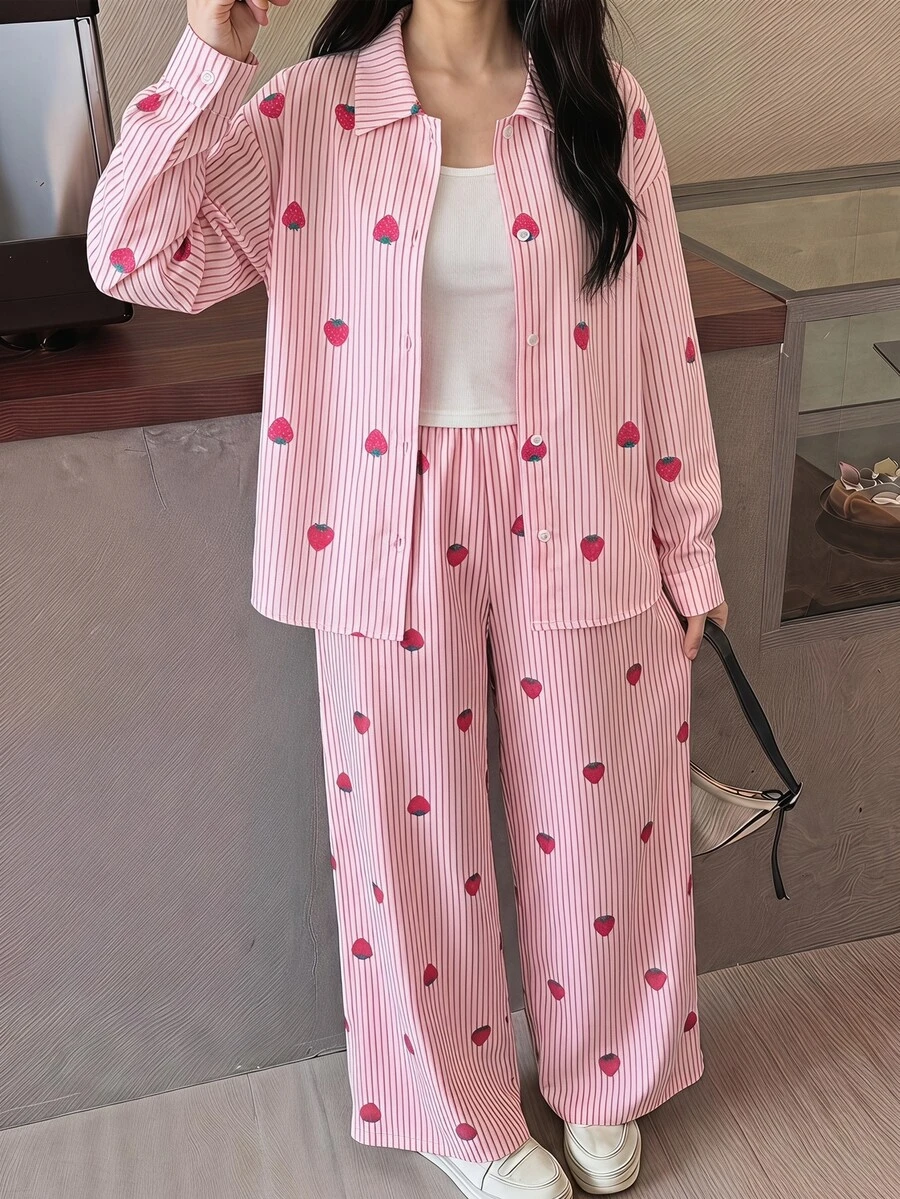 SHEIN 兒童青少年女孩草莓條紋印花寬鬆長袖上衣與寬腿褲2件套,返校休閒襯衫套裝 - 粉色 - 查看 1