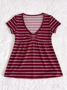 IslaSuriya Striped Print Lace Patchwork Short Sleeve Women's T-Shirt - Multicolor - View 4