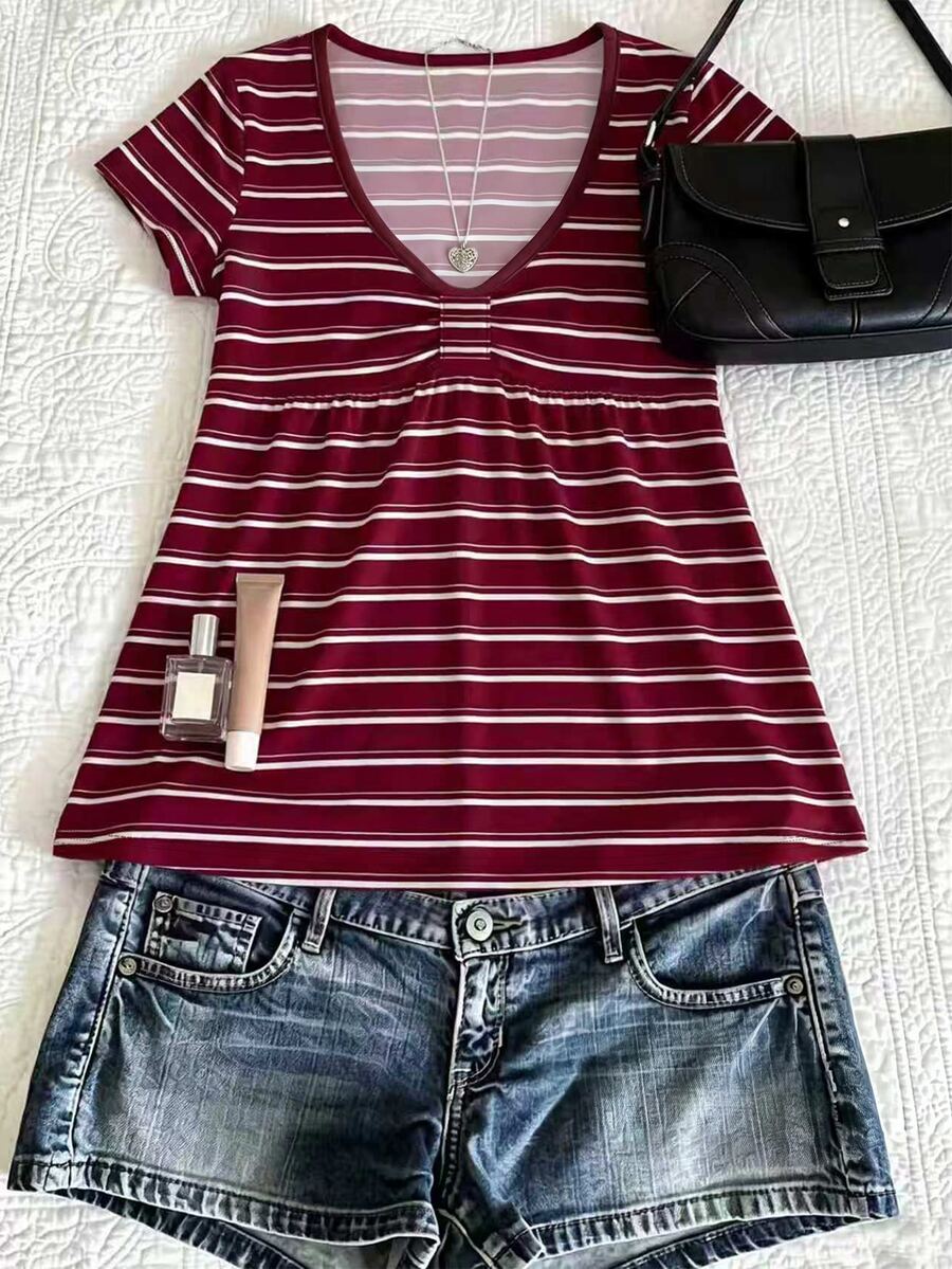 IslaSuriya Striped Print Lace Patchwork Short Sleeve Women's T-Shirt - Multicolor - View 1