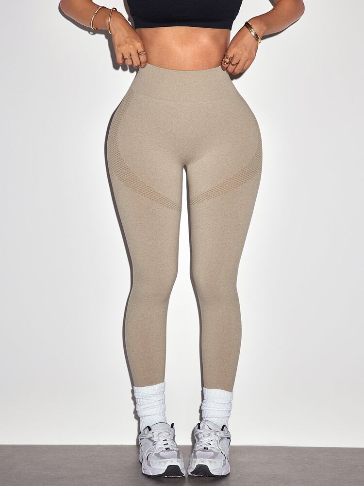 StreetHx Solid Color High Waist Seamless Sports Leggings - Khaki - View 3