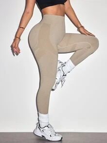 StreetHx Solid Color High Waist Seamless Sports Leggings - Khaki - View 4