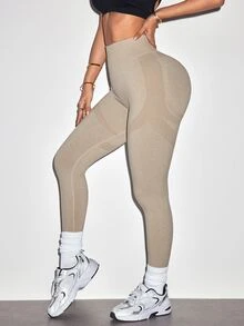 StreetHx Solid Color High Waist Seamless Sports Leggings - Khaki - View 1