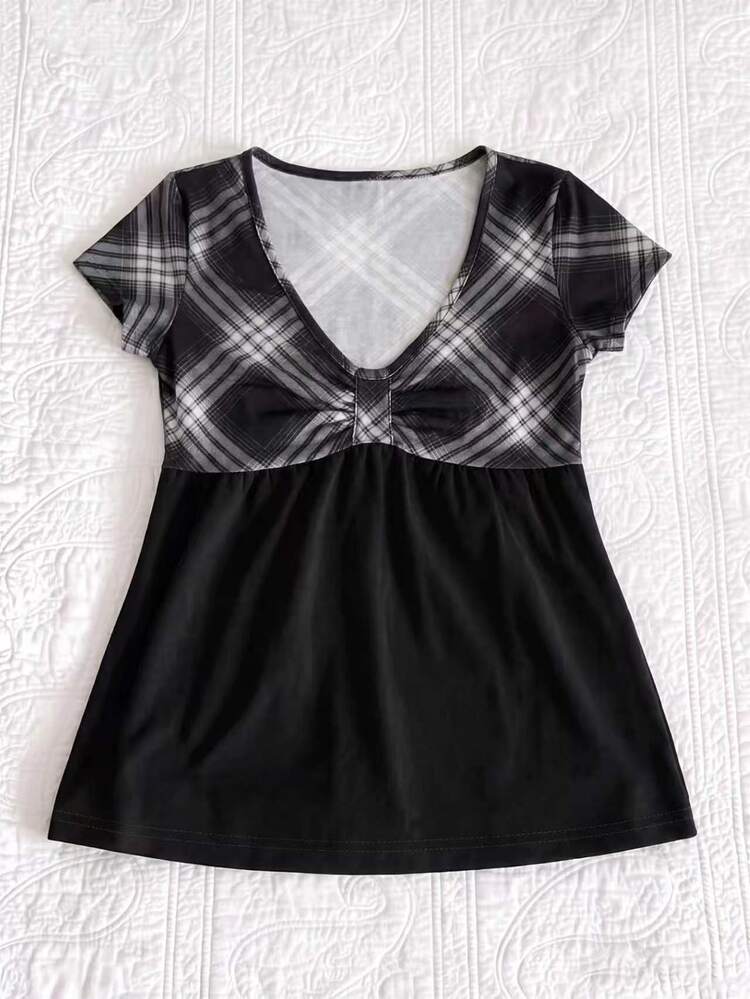 IslaSuriya Plaid Print Patchwork Short Sleeve Women's T-Shirt - Multicolor - View 4