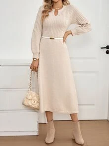 Wandoria Gaun Sweater Rajut Lengan Panjang Longgar Bergaya Vintage Musim Gugur/Dingin untuk Wanita - Aprikot - View 3