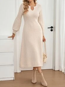 Wandoria Gaun Sweater Rajut Lengan Panjang Longgar Bergaya Vintage Musim Gugur/Dingin untuk Wanita - Aprikot - View 5