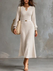 Wandoria Gaun Sweater Rajut Lengan Panjang Longgar Bergaya Vintage Musim Gugur/Dingin untuk Wanita - Aprikot - View 7