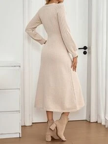 Wandoria Gaun Sweater Rajut Lengan Panjang Longgar Bergaya Vintage Musim Gugur/Dingin untuk Wanita - Aprikot - View 2