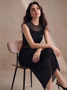 Anewsta Women's Elegant 2 Pieces Set, High-Density Semi-Sheer Heavy-Duty High-Temperature Rhinestone Embellished Fitted Knit Outfit - Black - View 1