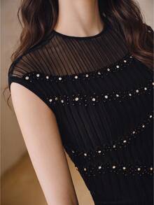 Anewsta Women's Elegant 2 Pieces Set, High-Density Semi-Sheer Heavy-Duty High-Temperature Rhinestone Embellished Fitted Knit Outfit - Black - View 2