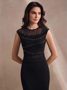 Anewsta Women's Elegant 2 Pieces Set, High-Density Semi-Sheer Heavy-Duty High-Temperature Rhinestone Embellished Fitted Knit Outfit - Black - View 4