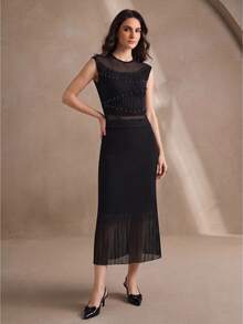 Anewsta Women's Elegant 2 Pieces Set, High-Density Semi-Sheer Heavy-Duty High-Temperature Rhinestone Embellished Fitted Knit Outfit - Black - View 3