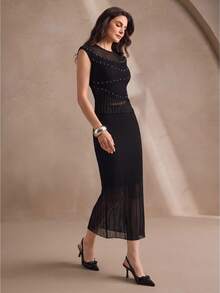 Anewsta Women's Elegant 2 Pieces Set, High-Density Semi-Sheer Heavy-Duty High-Temperature Rhinestone Embellished Fitted Knit Outfit - Black - View 5