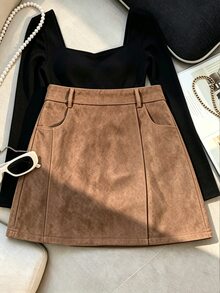 GlowEve CURVE Women's Plus Size Vintage Faux Suede Coffee Color Faux Slit A-Line Mini Skirt, Versatile Casual Commute Holiday New Style Autumn Outfit - Brown - View 1