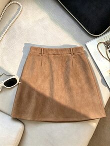 GlowEve CURVE Women's Plus Size Vintage Faux Suede Coffee Color Faux Slit A-Line Mini Skirt, Versatile Casual Commute Holiday New Style Autumn Outfit - Brown - View 2
