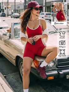Sovereign Charm Women's Colorblock Casual Athleisure Athletic Daily Wear Spaghetti Strap Romper Gym Red And White Stripe Summer - Red - View 5