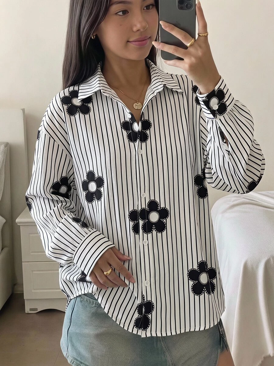SHEIN Teen Girls Black & White Striped Flower Print Loose Long Sleeve Shirt, Autumn Preppy - Black and White - View 1