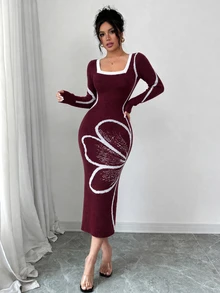 Elenzga Women's Colorblock Fitted Waist Flare Sleeve Dress - Burgundy - View 5