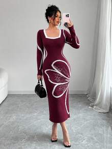 Elenzga Women's Colorblock Fitted Waist Flare Sleeve Dress - Burgundy - View 4